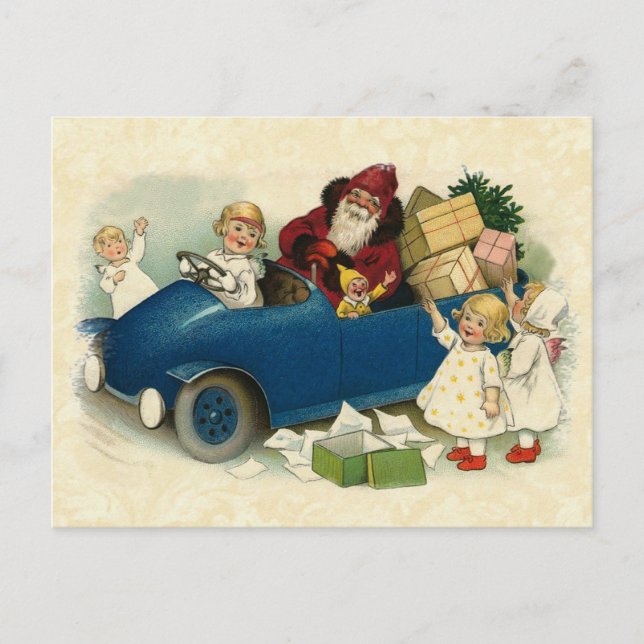 Vintage Illustration Santa, Antique Car, Children Holiday Postcard (Front)