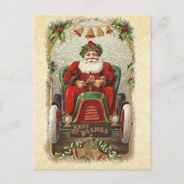 Vintage Illustration Santa in Antique Car Holiday Postcard (Front)