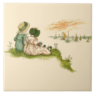 Vintage Illustration Two Girls Kate Greenaway Tile
