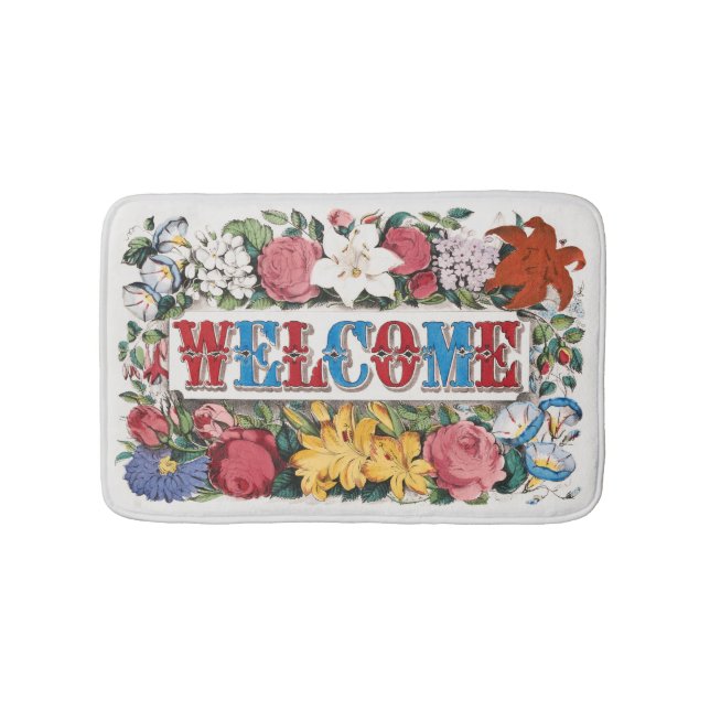 Vintage Illustration WELCOME with Flowers Bath Mat (Front)