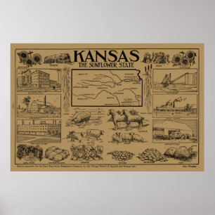 Vintage Illustrative Map of Kansas (1912) - Tan Poster