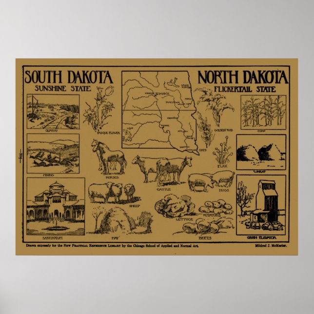 Vintage Illustrative Map of The Dakotas (1912) Poster (Front)