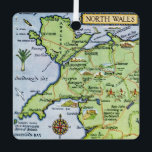Vintage Ilustrated Map of North Wales  Metal Tree Decoration<br><div class="desc">Beautifully illustrated map postcard of North Wales United Kingdom repurposed on an ornament.</div>