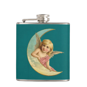 Vintage Image - Angel Sitting on a Crescent Moon Hip Flask