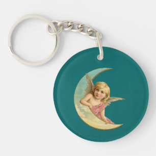 Vintage Image - Angel Sitting on a Crescent Moon Key Ring