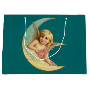 Vintage Image - Angel Sitting on a Crescent Moon Large Gift Bag