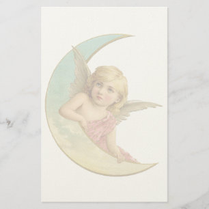 Vintage Image - Angel Sitting on a Crescent Moon Stationery