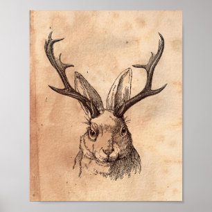 Vintage image Jackalope Rabbit Tea Stained Paper Poster