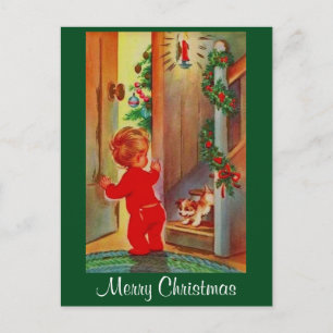Vintage Image Little Boy & Dog Christmas Postcard