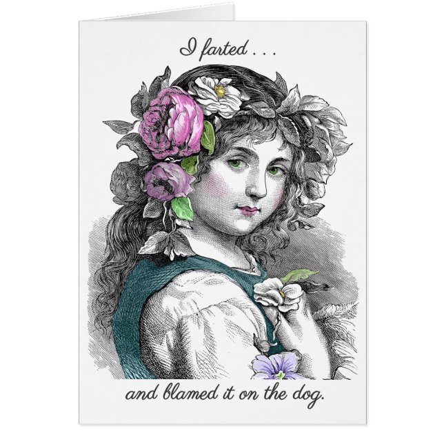 Vintage Image Pretty Girl Farts Funny Note Card (Front)