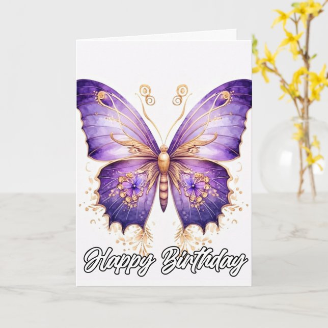 Vintage Imaginative Butterfly Art | Happy Birthday Card (Yellow Flower)