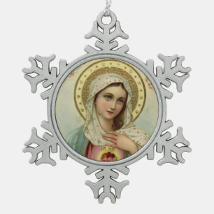 Vintage Immaculate Heart of Mary Snowflake Pewter Christmas Ornament