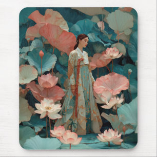Vintage Impasto Hanbok and Pink Lotus Mouse Mat