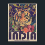 Vintage India Travel Postcard<br><div class="desc">Exclusive to Vintage Republic this vintage colourful Indian travel poster features a multicolour exotic illustration of elements including a green eyed tiger and flowers on and indgo background</div>