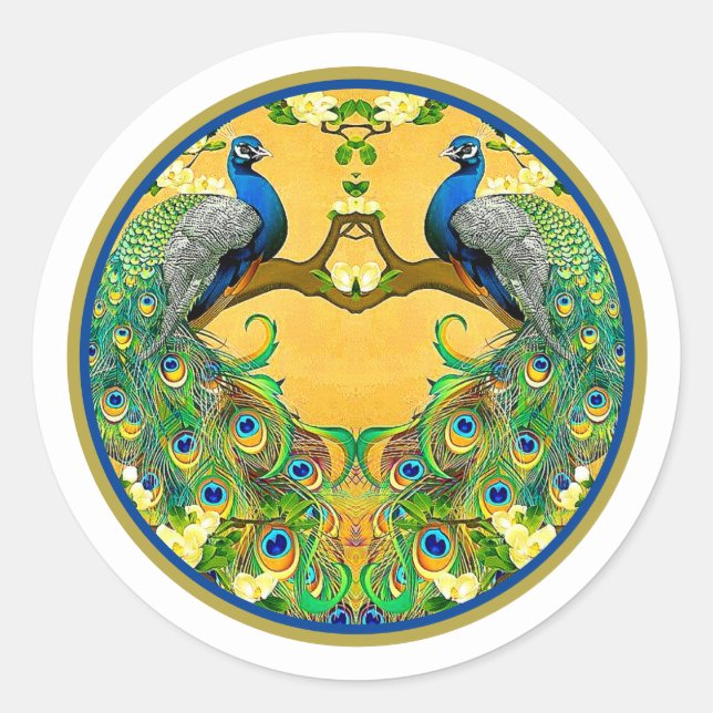 Vintage Indian Blue Peacocks Classic Round Sticker (Front)