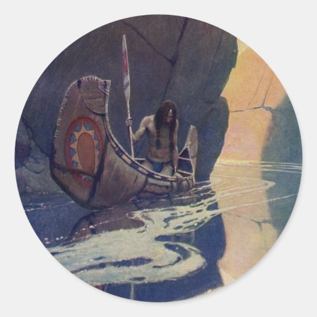 Vintage Indian Canoe Paddling Sun Classic Round Sticker (Front)