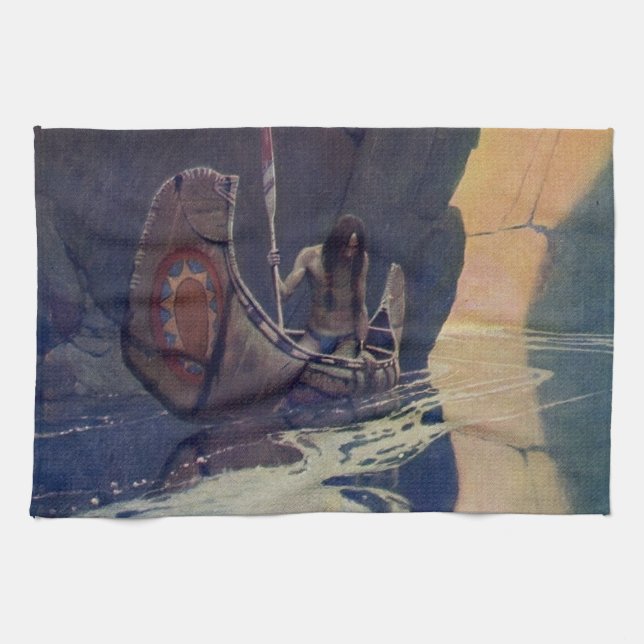 Vintage Indian Canoe Paddling Sun Classic Tea Towel (Horizontal)