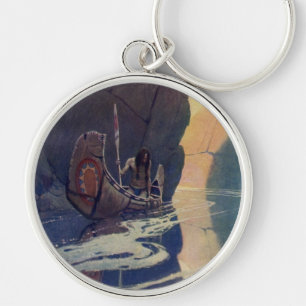 Vintage Indian Canoe Paddling with Sun Symbol Key Ring