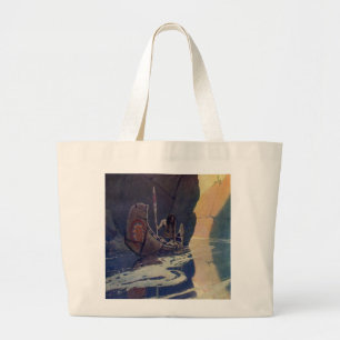 Vintage Indian Canoe Paddling with Sun Symbol Large Tote Bag