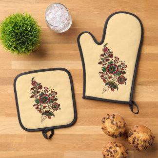 Vintage Indian Cotton Chintz Fabric  Oven Mitt & Pot Holder Set