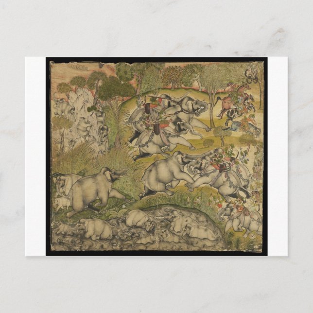 VINTAGE INDIAN PAINTING - WARFARE ON ELEPHANTS POSTCARD (Front)