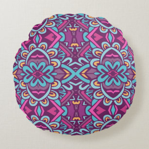 Vintage indian retro stylised flowers and rhombus. round cushion