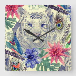 Vintage Indian Style Tiger Pattern Square Wall Clock