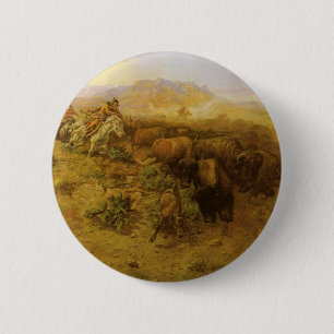 Vintage Indians, Buffalo Hunt by CM Russell 6 Cm Round Badge