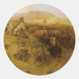 Vintage Indians, Buffalo Hunt by CM Russell Classic Round Sticker