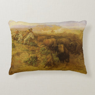 Vintage Indians, Buffalo Hunt by CM Russell Decorative Cushion