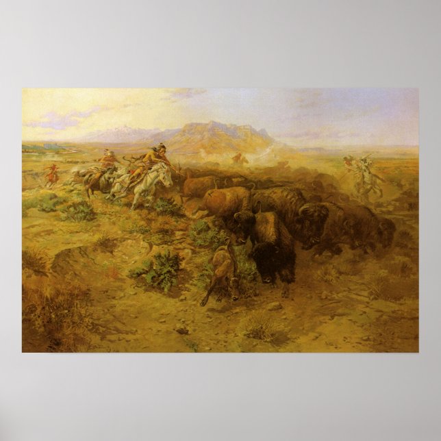 Vintage Indians, Buffalo Hunt by CM Russell Poster (Front)
