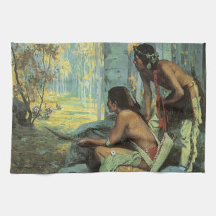 Vintage Indians, Taos Turkey Hunters by Couse Tea Towel