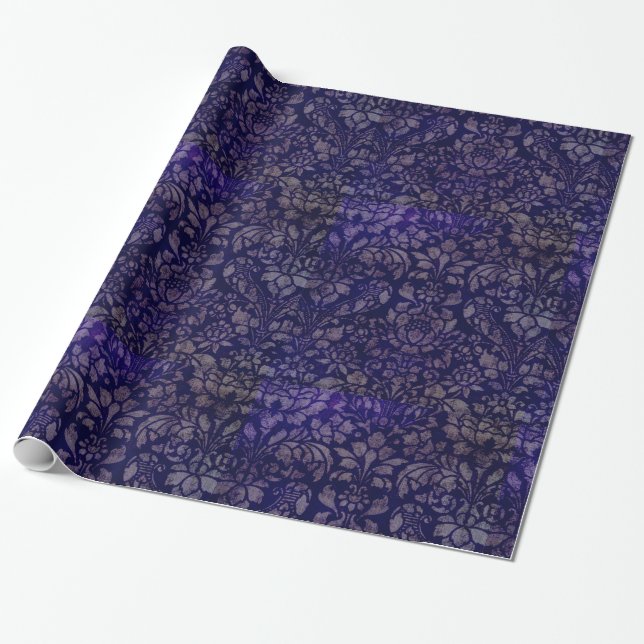Vintage Indigo Blue Damask Wrapping Paper (Unrolled)