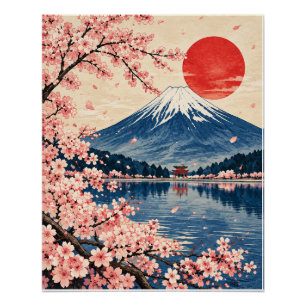 Vintage Indigo Mount Fuji Cherry Blossom Woodblock Poster