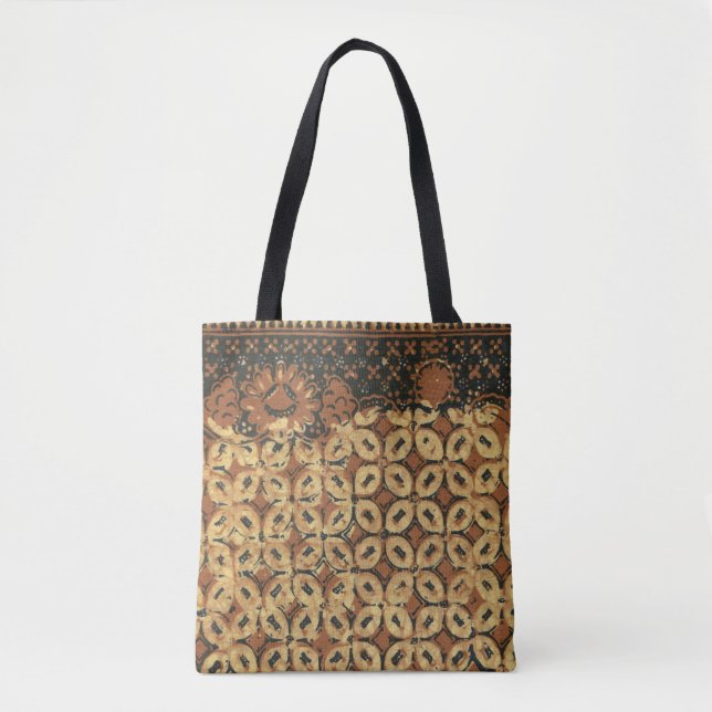 Vintage Indonesian Batik Kawung Pattern Rustic Tote Bag (Front)