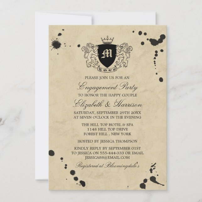 Vintage Ink Stain Monogram Crest Engagement Party Invitation (Front)