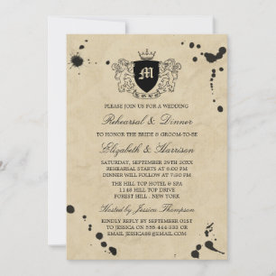 Vintage Ink Stain Monogram Crest Rehearsal Dinner Invitation