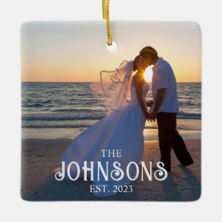 Vintage Inline Text Wedding Photo Ceramic Ornament