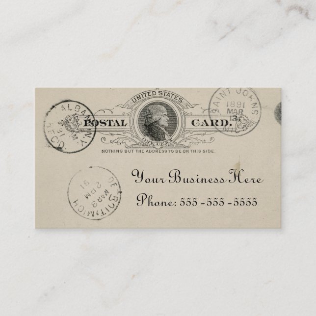 Vintage Inspired Beige Ink Postcard Business Card (Front)