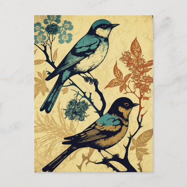 Vintage-Inspired Birds Perched on a Branch Postcard (Front)