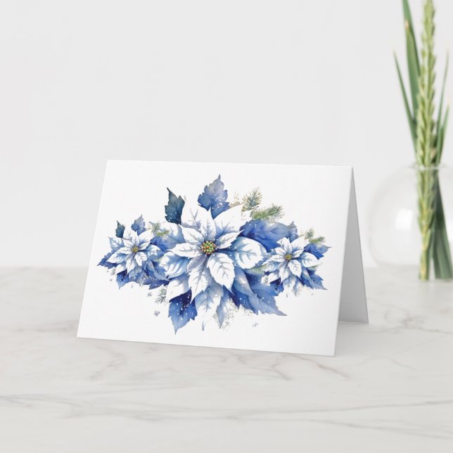 Vintage Inspired Blue Christmas Poinsettia Holiday Card (Front)