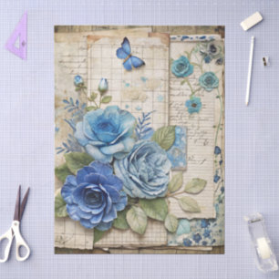 Vintage Inspired Blue Floral Collage Decoupage Tissue Paper