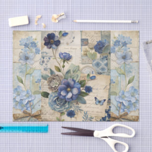 Vintage Inspired Blue Floral Collage Scrapbook Tissue Paper