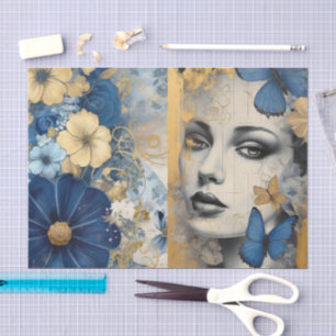 Vintage Inspired Blue Floral Collage Scrapbook Tissue Paper