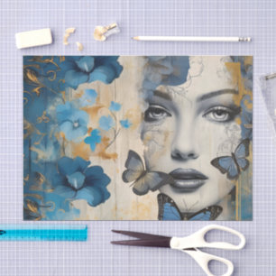 Vintage Inspired Blue Floral Collage Scrapbook Tissue Paper