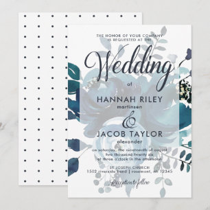 Vintage Inspired Blue Floral with Dots Wedding Invitation