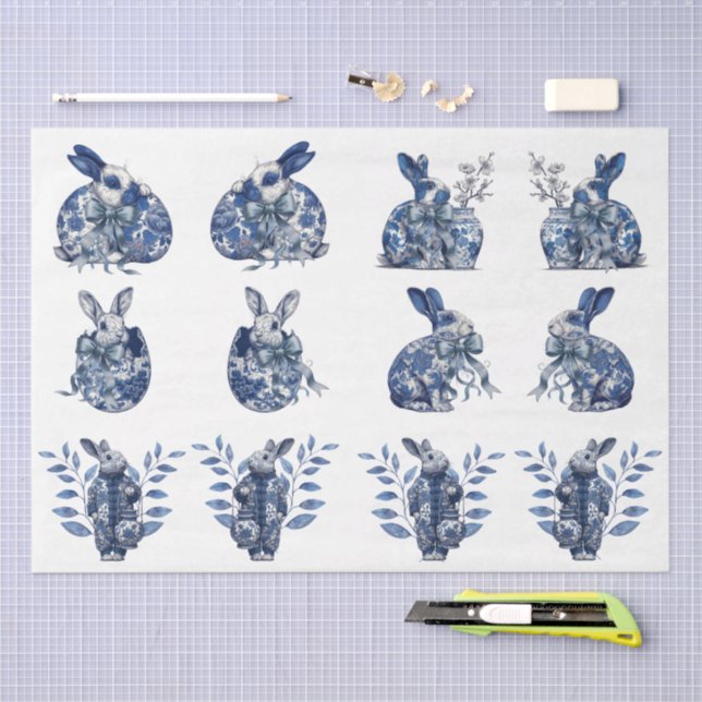 Vintage Inspired Blue & White Rabbits Decoupage Tissue Paper (Craft)
