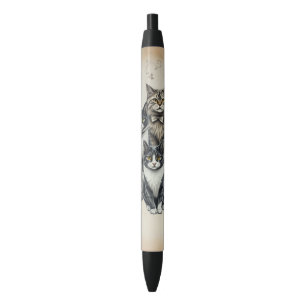 Vintage-Inspired Cat Family Portrait Black Ink Pen