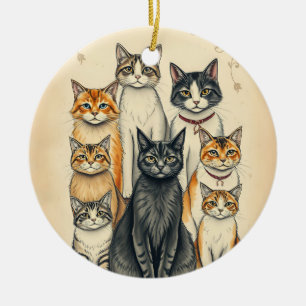 Vintage-Inspired Cat Family Portrait Ceramic Tree Decoration