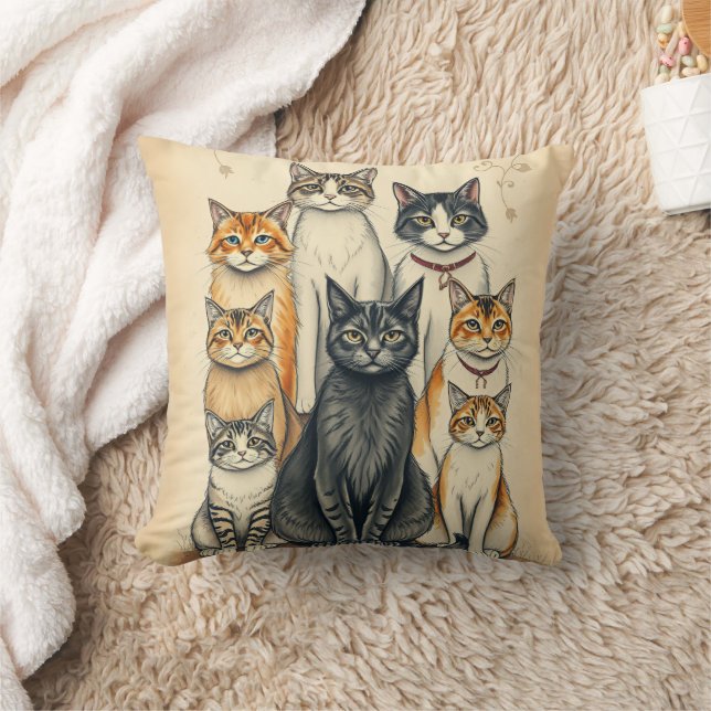 Vintage-Inspired Cat Family Portrait Cushion (Blanket)